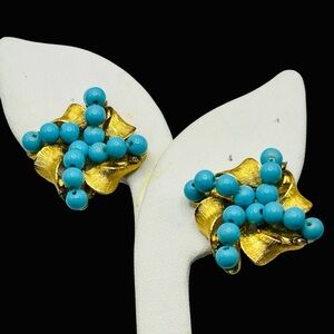 Vintage Blue Glass Bead Wrapped Ribbon Clip Earrings